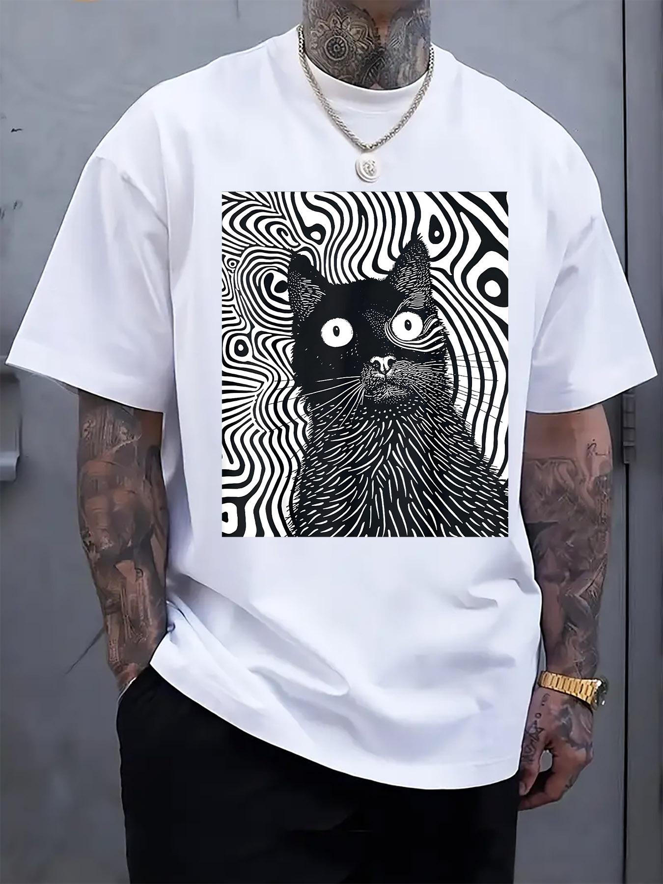 Psychedelic Black Cat Print T-shirt - Casual Crew Neck Short Sleeve Tee with Vibrant Design XL