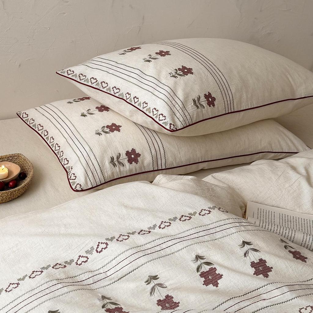 Spring/Summer Skin-Friendly Breathable Yarn-Dyed Cotton-Linen Embroidered Bedding Set