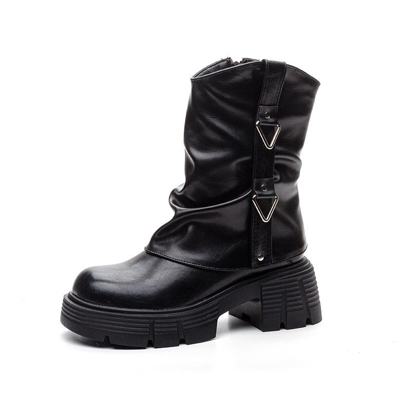 Autumn and winter new versatile casual leather boots thick-soled heightening small stacking boots velvet warm solid color women's boots