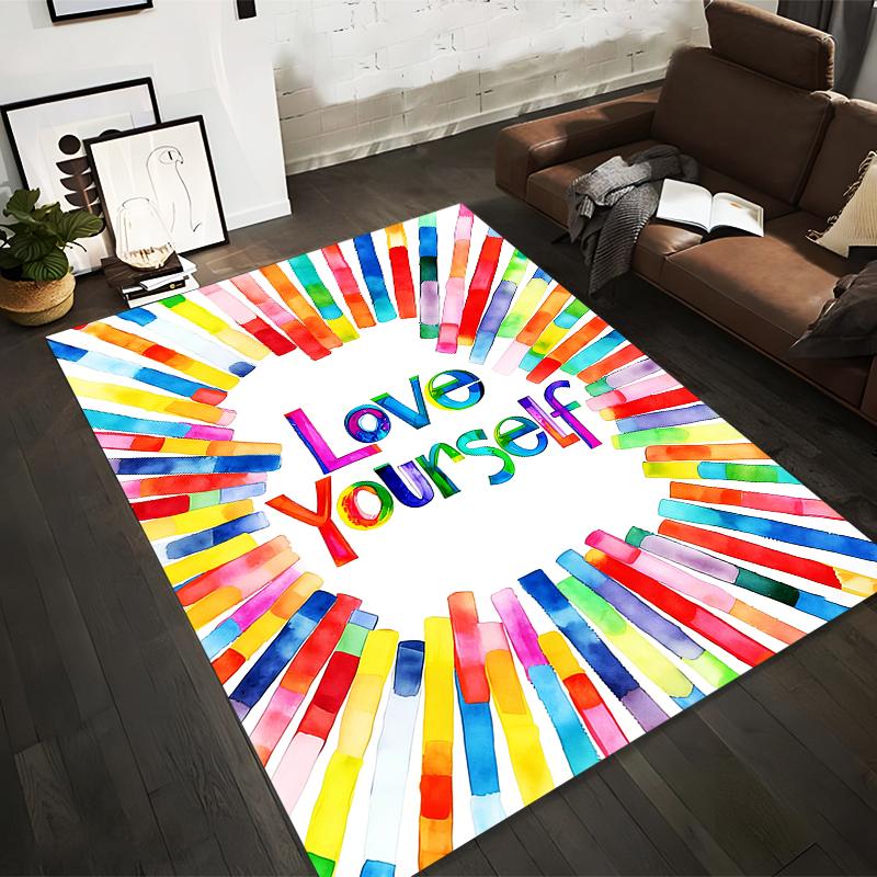 Colorful "Love Yourself" Inspirational Carpet with Multicolor Stripes Design Suitable for Use As an Anti-slip for Living Room Bedroom Sofas