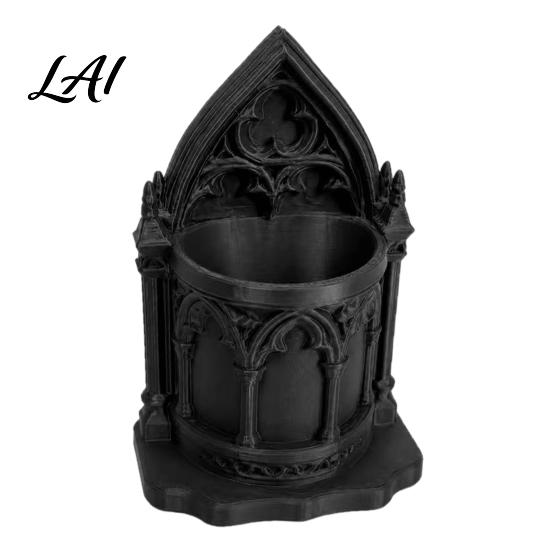 Retro Style Storage Vessel 3D Printed Gothic Cathedral Pen Holder Vintage Academia Church Pointed Arch Window Decor Castle Pencil Cup Large Desktop