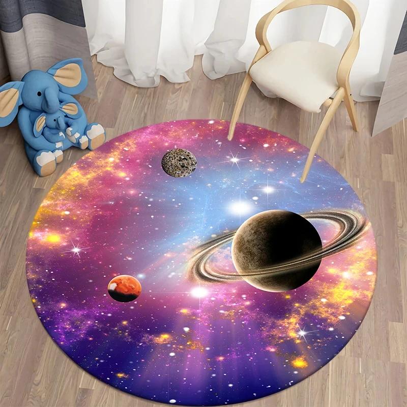 Crystal Velvet Galaxy Round Rug, Space Nebula Starry Print Non Slip Floor Mat for Bedroom, Playroom, Kids Room, Home Decor