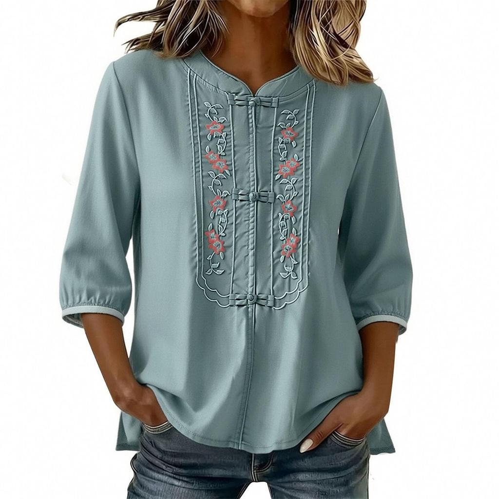 Women's Summer Fashionable Round Neck Five Quarter Sleeve Cotton And Linen Shirt With Flower Embroidery Button Top