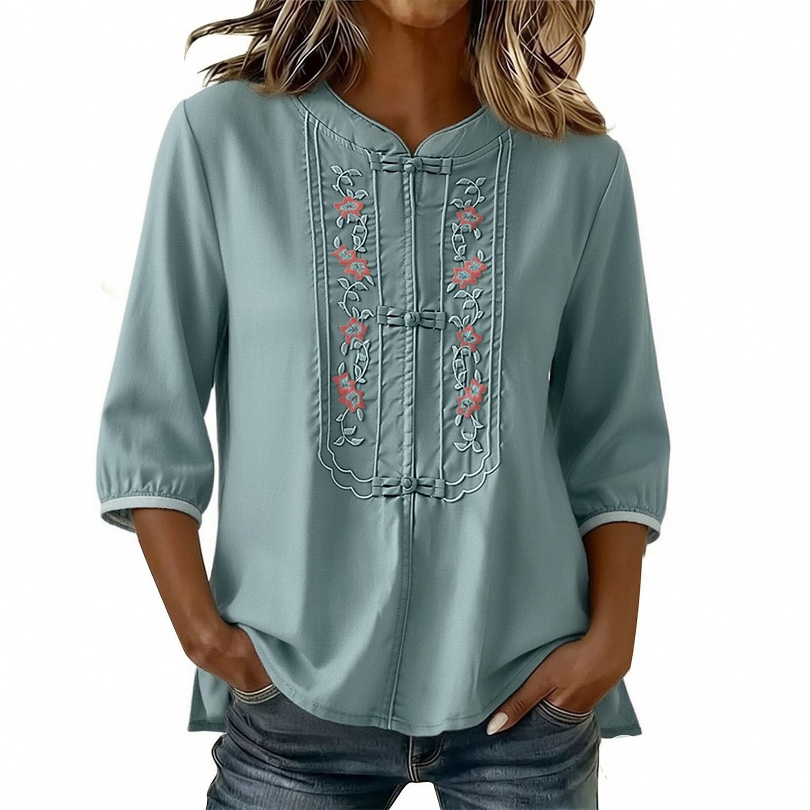 

Women s Summer Fashionable Round Neck Five Quarter Sleeve Cotton And Linen Shirt With Flower Embroidery Button Top XL синий