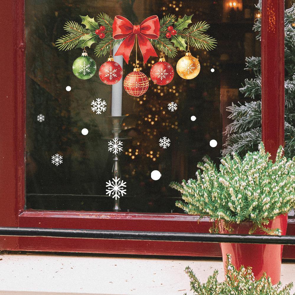 Painted Bow-shaped Light Bulbs, Pine Branches, Snowflakes, Balcony, Glass Windows, Home Decoration, Window Stickers