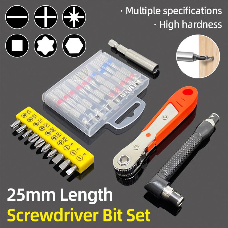 25mm Screwdriver Bits Set Slotted Phillips Pozidriv Torx Square Hexagon Bit Holder 1/4" Hex Shank Ratchet Wrench Hand Tools