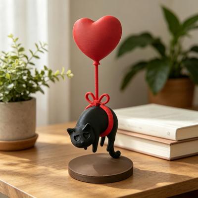 Cute Cat with Red Heart Balloon Figurine 3D Printed Romantic Love Heart Kitten Statue for Desk Shelf Decor Gifts for Cat Lovers