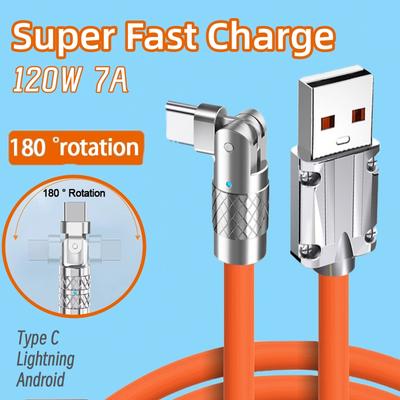 120W 6A Type C Android iPhone Cable Super Fast Charging Cable 180 Degree Rotating Elbow Data Cable Samsung Silicone Data Lines
