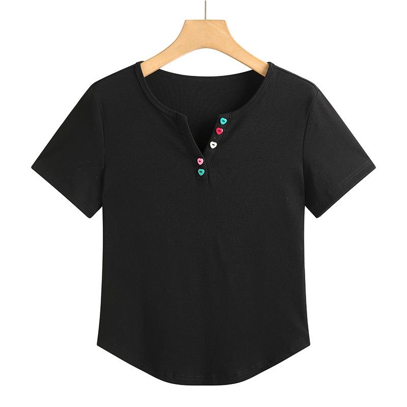 

Женская футболка с V-образным вырезом и коротким рукавом приталенного кроя в корейском стиле - Модный однотонный топ L чёрный