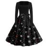 Christmas Print Flare Dress For Women Long Sleeve Dress Hollow Party Casual Square Collar Dresses