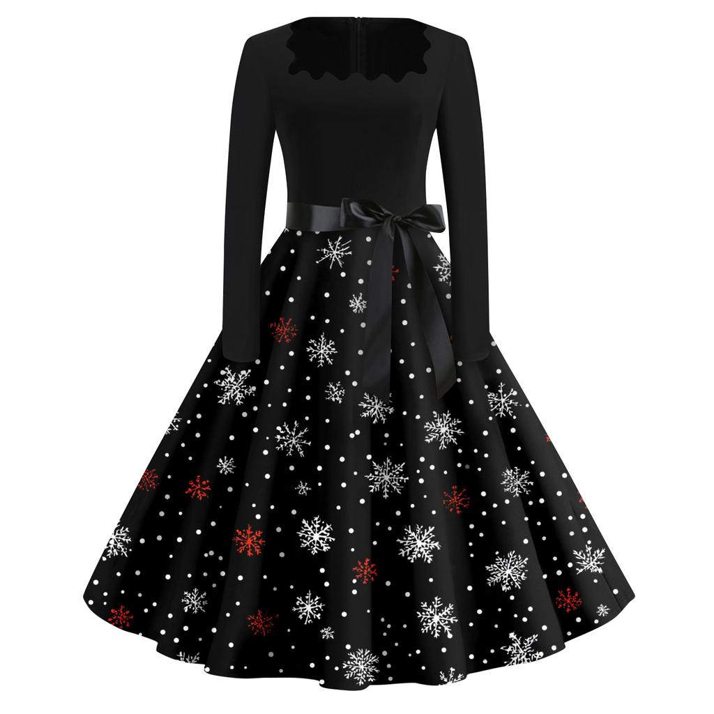 Christmas Print Flare Dress For Women Long Sleeve Dress Hollow Party Casual Square Collar Dresses