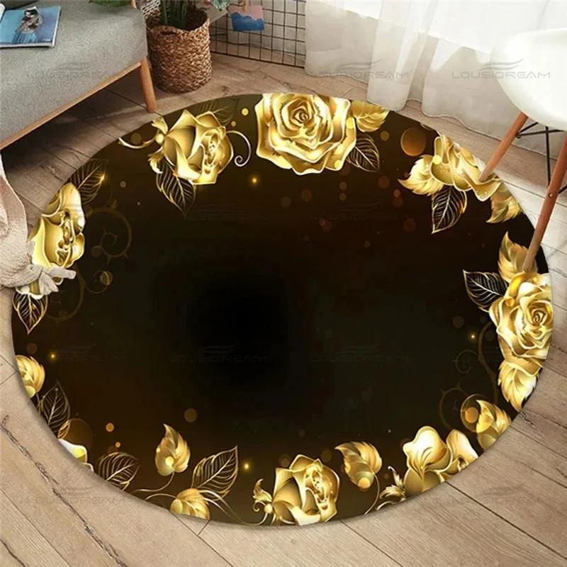 Gold Rose Pattern Round Carpet Black-Gold Three-Tone Main Palette Romantic Floral Atmosphere Elegant & Luxurious, Indoor Doormat 60cm