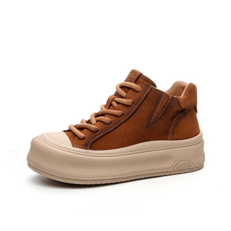 Double Top Layer Cowhide High-top Board Shoes Women's Autumn and Winter New Retro Handmade Old Board Shoes Big Head Ugly Cute Deep Mouth