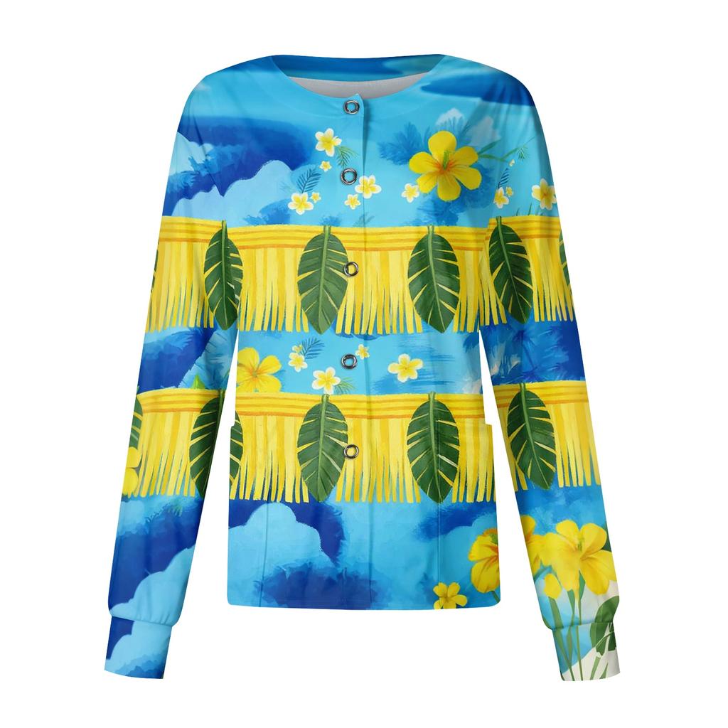 Women's Casual Long Sleeve Single Breasted Hawaiian Floral Print Nurse Jacket Cardigan Top Lightweight Comfortable Workwear
