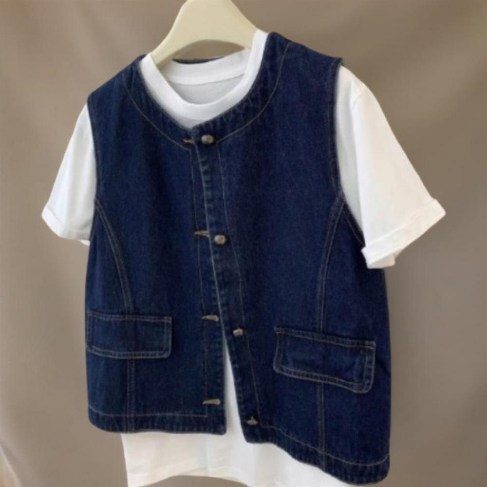New ArrivalS Open Run Women S looSe Fit Denim veSt Pocket Dark Blue