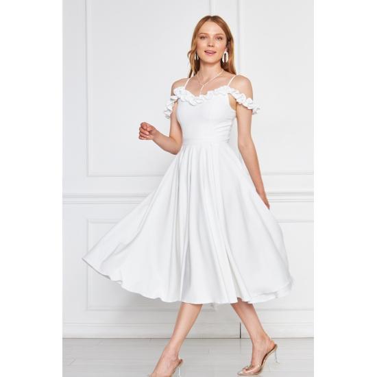 Women's Adjustable Strap Ruffle Detailed Collar Pleated Flared Midi Evening Dress