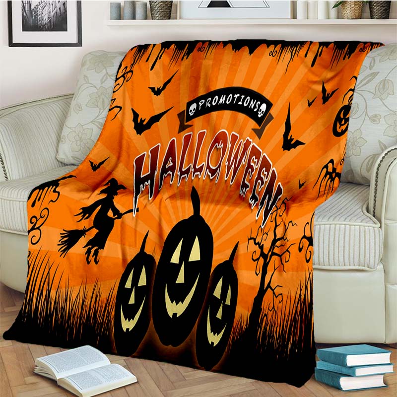 Halloween Pumpkin Ghost Print Flannel Blanket Cozy Warm Throw Bedroom Sofa Present Indoor Home Holiday Lounge Bedding Decor