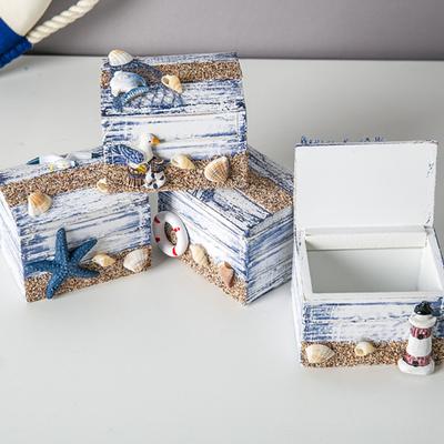 Coastal Wooden Trinket Box Handcrafted Nautical Jewelry Box with Starfish Shells Rustic Decorative Storage Box for Beach Home Decor