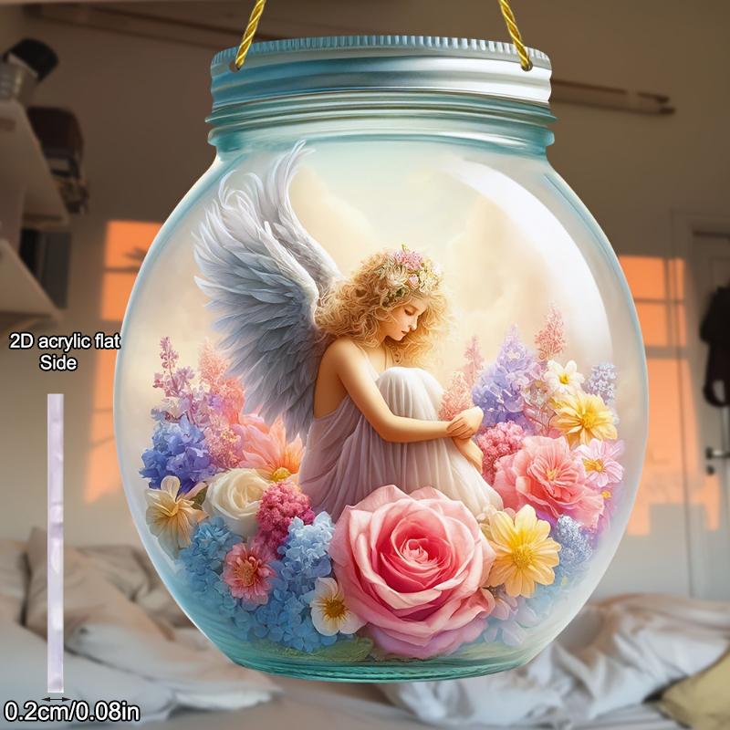 1pcs Popular Flower Fairy Angel Wall Art Hanging Home Decoration Plaque Garden Mason Jar, Colored Glass Style Sunshine Catcher, Acrylic Sign