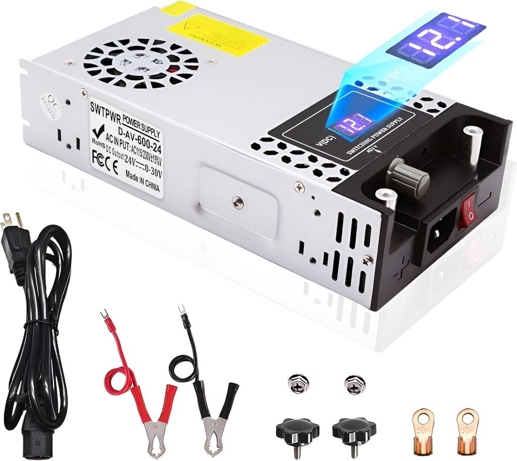 Adjustable 0-24V DC Power Supply 600W with LED Display, 110V To 24V AC/DC Converter for LED Lights, Car Stereo, Automotive Use