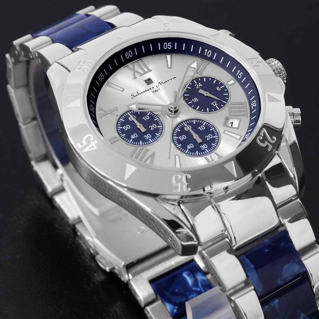 Salvatore Marra Chronograph Watch with Acetate and 20th Anniversary Limited White Blue and Men's Two-Tone Strap, Edition, Silver, SM23105-SSWHBL