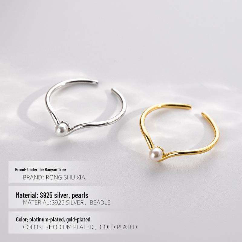 Banyan Tree S925 Silver V-Shaped Pearl Open Ring – Stackable, Adjustable Women's Index Finger Ring