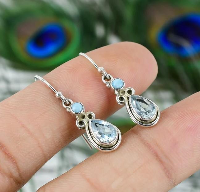 Two Stone Rainbow Moonstone Silver Earrings, 925 Sterling Silver Pear Shape , Teardrop Earring, Handmade Earring, Larimar Gemstone Dangle Drop Earring