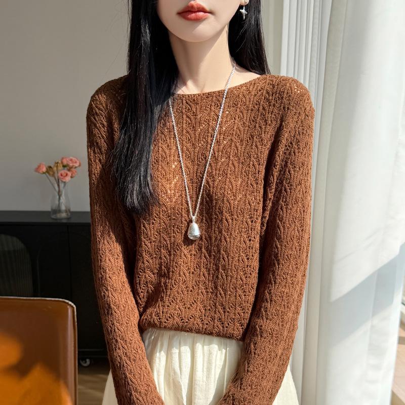 Peacock Tail Hollow Knit Sweater: Fine Wool, Skin-Friendly, Breathable, Solid Color, Lazy Style, Long Sleeve Base Layer