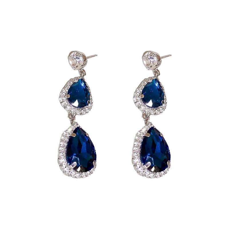 Blauer Edelstein Diamantbesetzte Ohrringe & Halskette Set - Silbernadel, Französischer Luxus Hofstil Schlüsselbeinkette