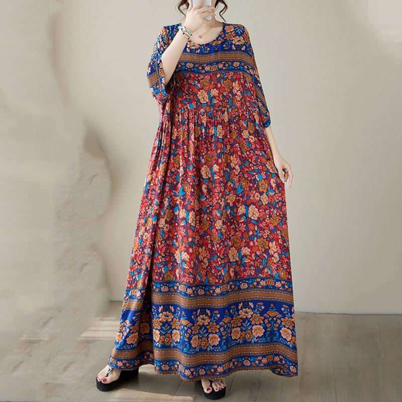 Mânecă scurtă Plus Size Bumbac Satin Vintage Floral Nou în Rochii pentru Femei Casual Lejer Rochie lungă de vară