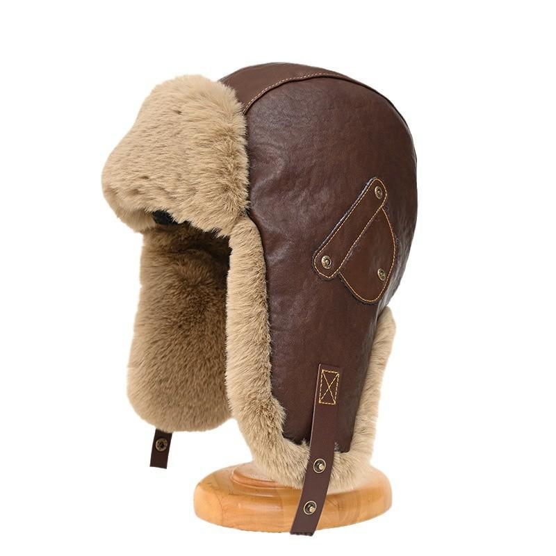 Vintage Faux Leather Aviator Hat Men Women Winter Warm Thick Lined Riding Skiing Ear Protection Cap