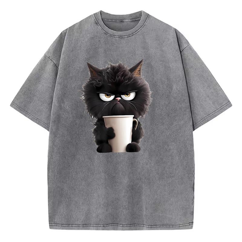 T Shirt Vintage Coffee Cat Washed Cotton TShirt Graphic Tee Casual Streetwear Spring Summer