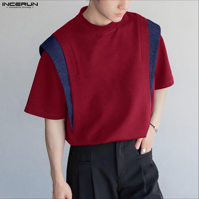INCERUN Men Round Neck Short Sleeve Patchwork Oversized T-Shirts Tops