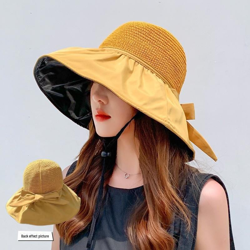 Women's Large Brim Black Sun Hat - UV Protection Summer Beach Fisherman Hat