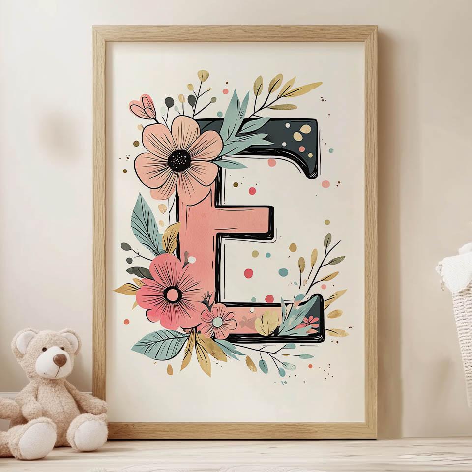 Floral Letter E Poster Floral Letter E Poster, 30X40 Cm, White Wooden Frame, 230 Gsm Matte Paper