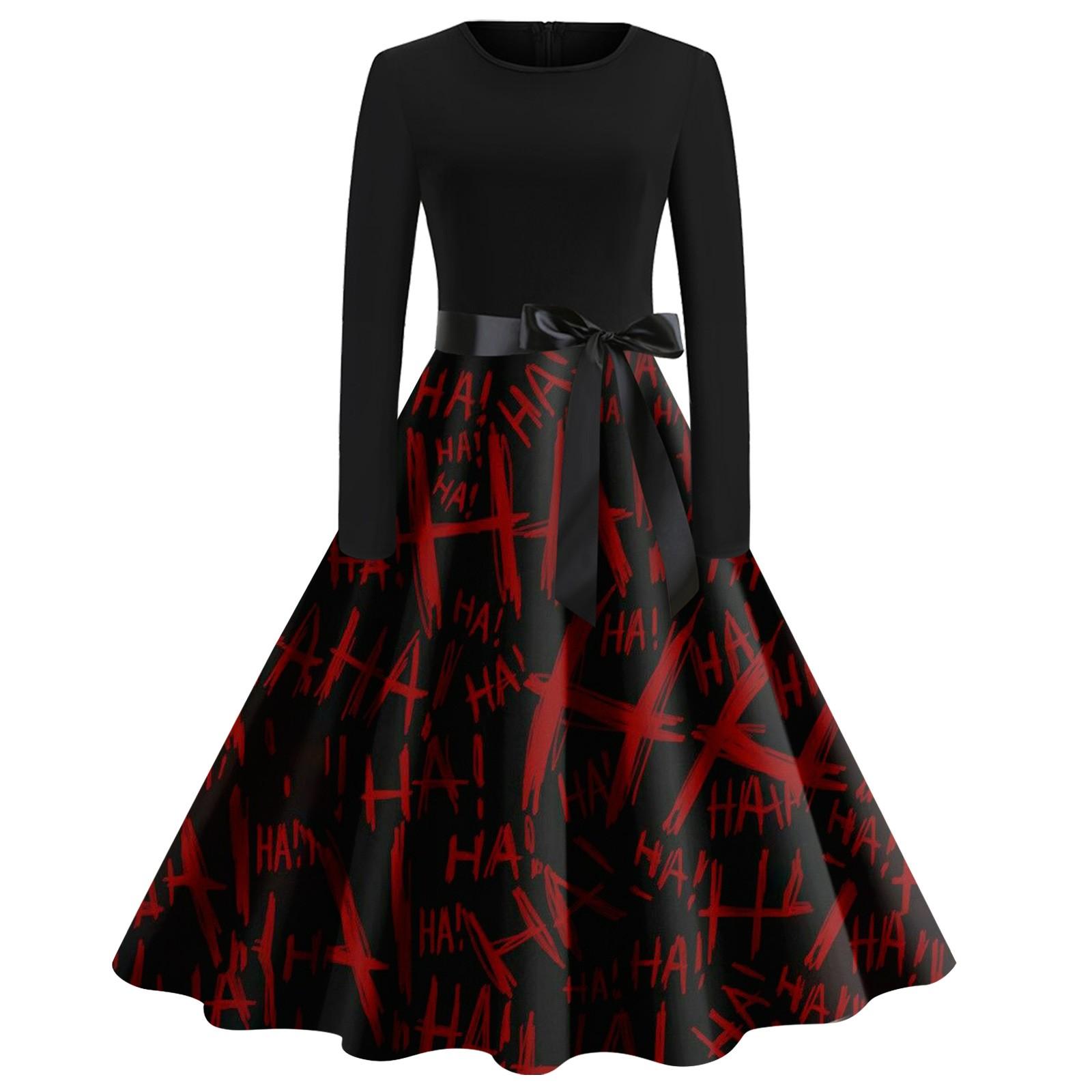 

Women Halloween Print Flare Dress Long Sleeve O-Neck Dress Party Casual Dresses XXL винний