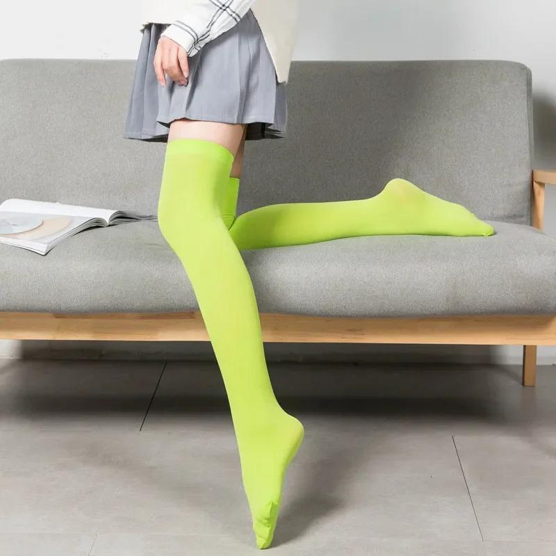 Neon Color Thigh High Stockings Women Sexy Stockings Orange Yellow Evening Party Wear Kniekousen Knee High Socks For Women Girls
