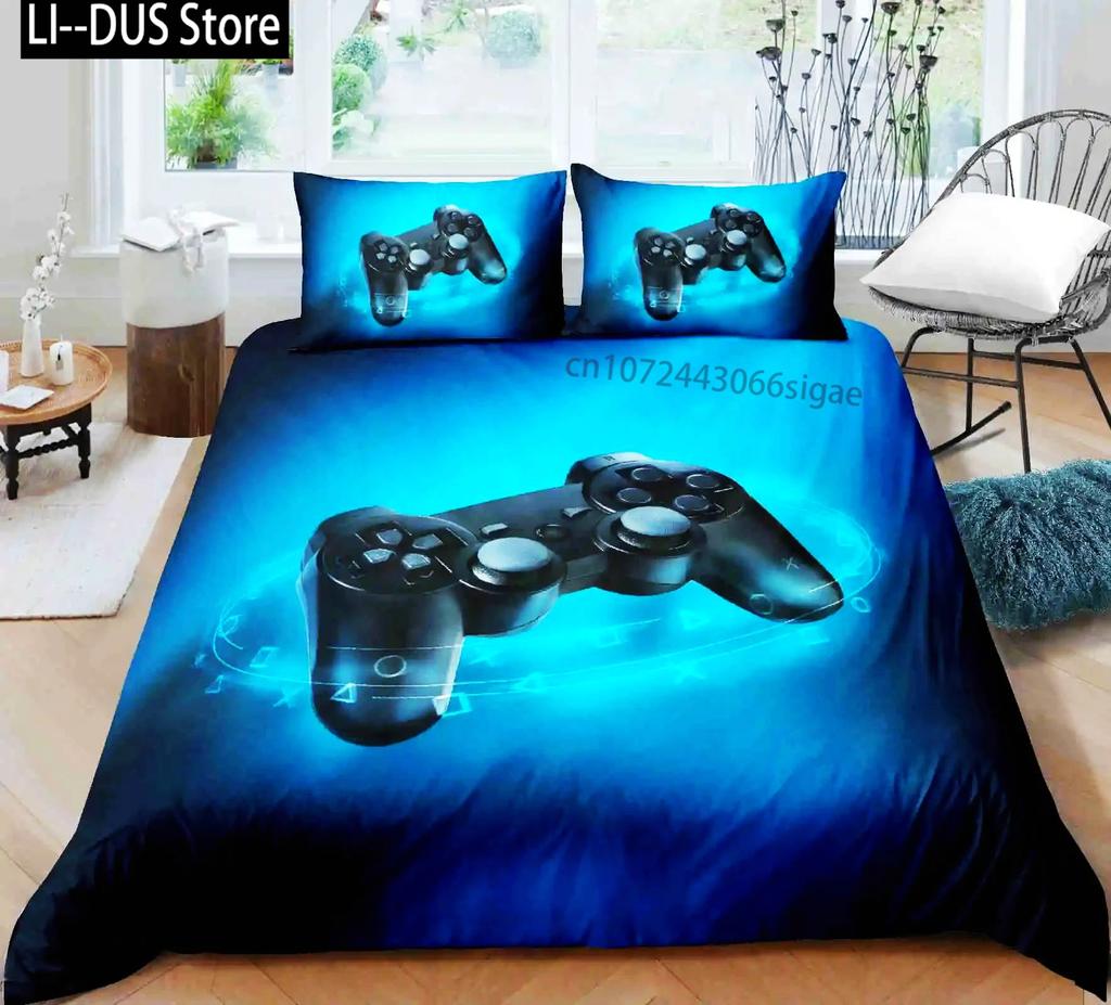 Set de lenjerie de pat pentru gamer pentru dormitor, moale, modern, cu gamepad, cuverturi confortabile pentru copii, husă de plapumă, husă de pilotă cu jocuri video și față de pernă