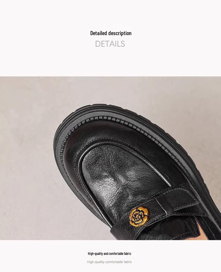 Retro Black Camellia Loafers: Pleated Leather, Thick Sole, Slip-on British Style