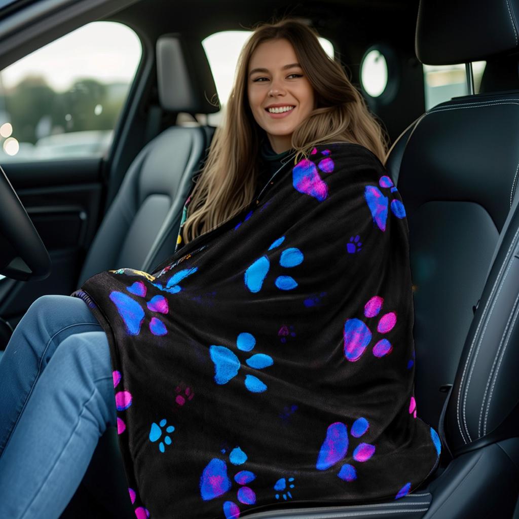 Neon Glow-in-the-Dark Paw Print Blanket | Soft Flannel All-Season Lightweight Throw for Bed, Sofa, Travel, Mixed Color, Contemporary Style W
