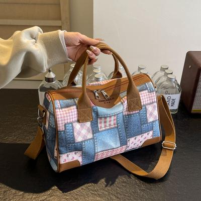 Retro Style Cowboy Canvas Single Shoulder Crossbody  High Capacity Pillow  Contrasting Grid  Travel Bag  New  Autumn