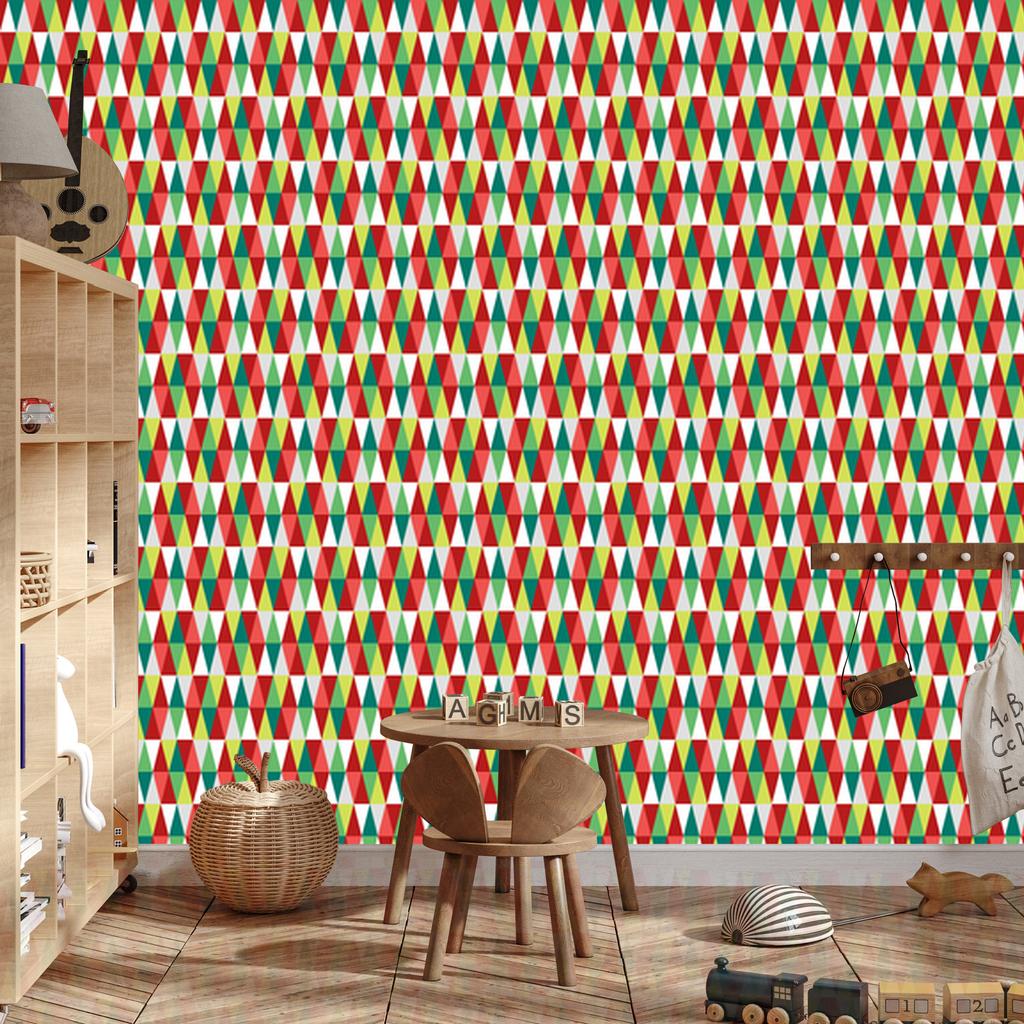 Red, coral and sea green triangle wallpaper for living room and bedroom 50x1000