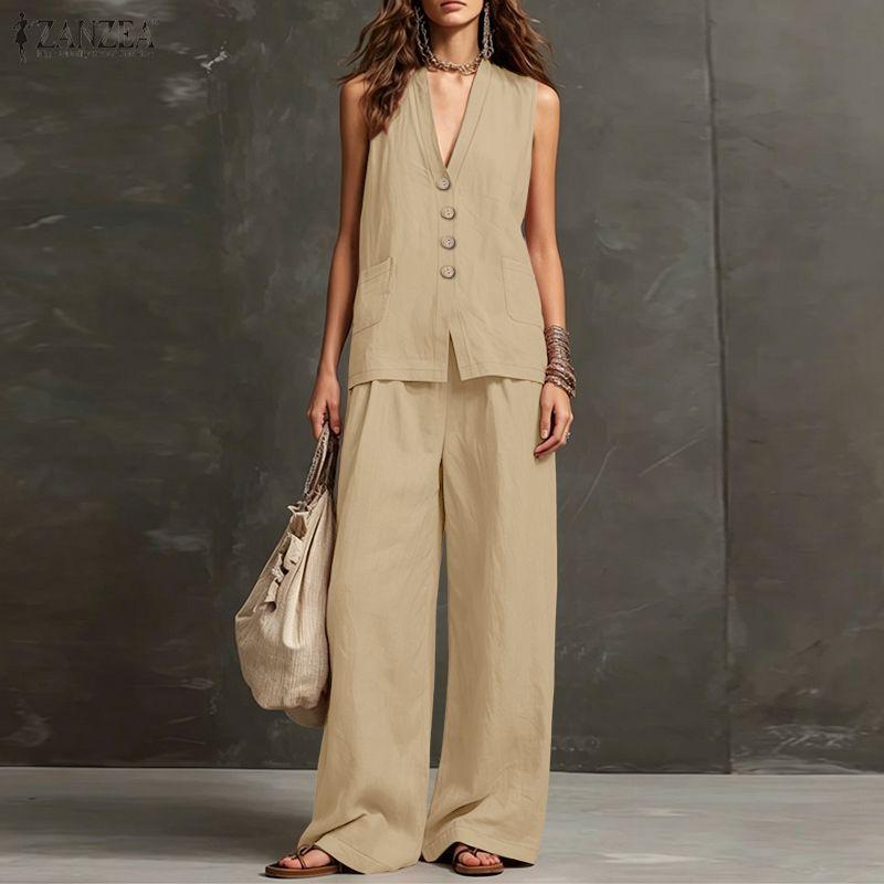 ZANZEA Women Sleeveless Vest Tops and Long Pants Casual Two Piece Suit Sets