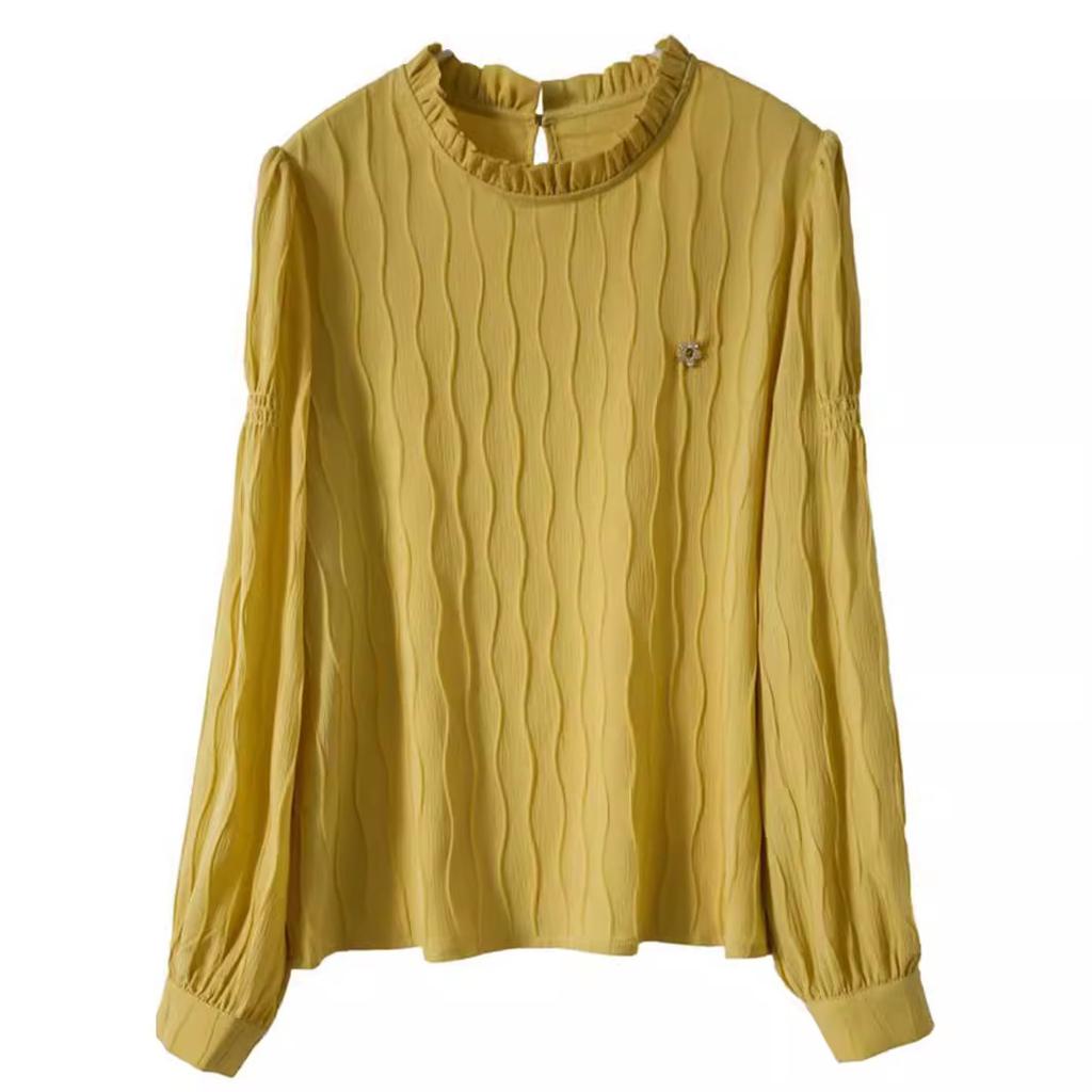 İlkbahar ve Sonbahar Dalgalı Desen Doku Tasarım Duygusu Ahşap Kulak Küçük Ayakta Yaka Gömlek Fransız Kazak Küçük Gömlek Kadın