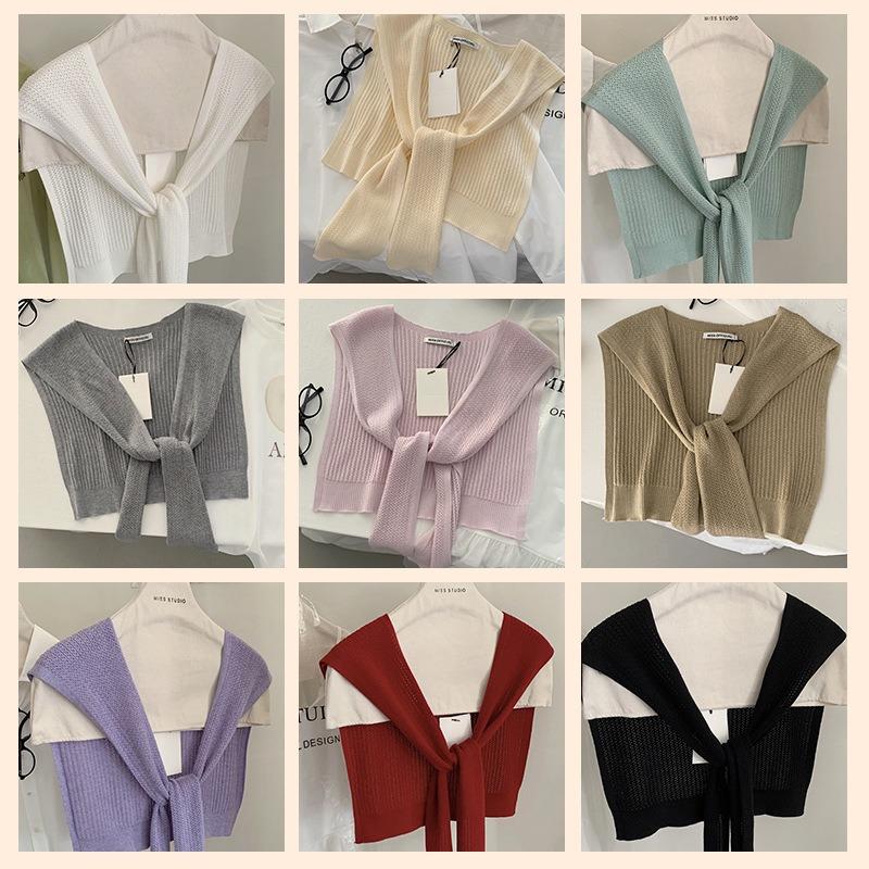 Solid color knitted small shawl fashionable versatile hollow high-end atmosphere white temperament outer small shawl