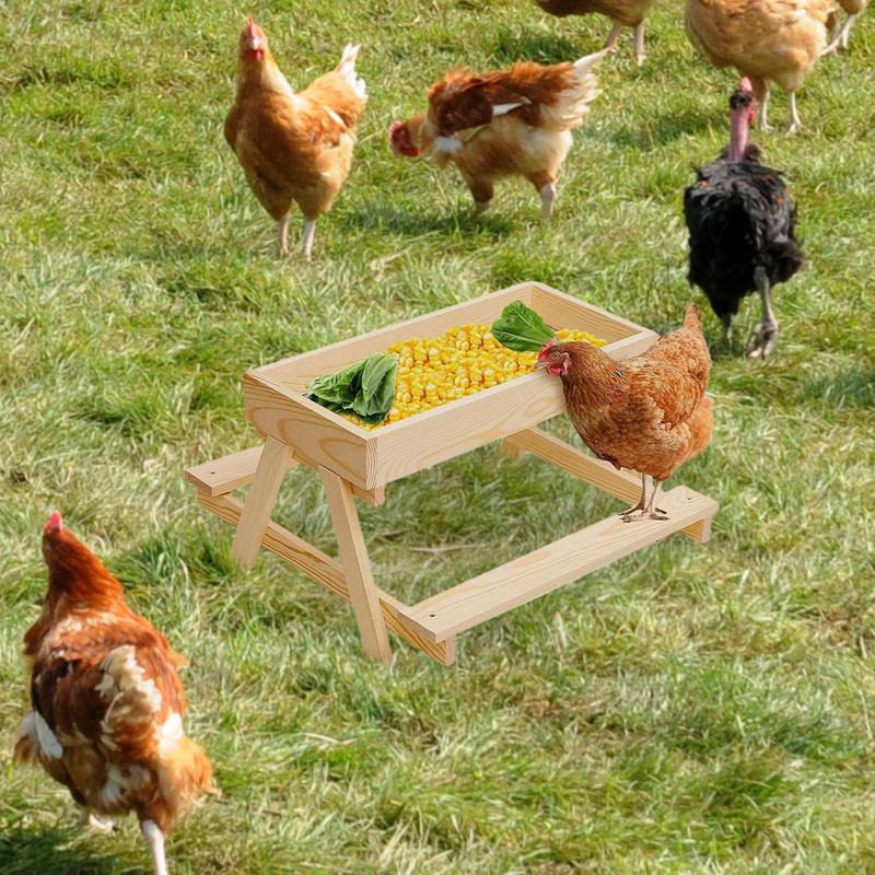 Chicken Food Feeder Squirrel Wild Bird Feeder Wooden Mesh Bottom Stand Keeps Food Fresh Dry For Poultry Turkey Duck Flock