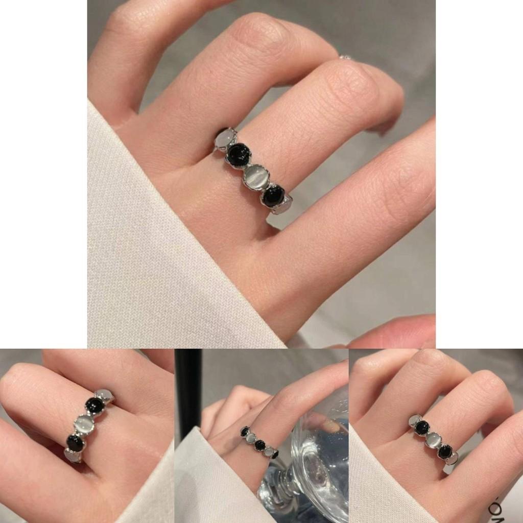 Chic Minimalist Open Finger Ring With Geometric Black And White Cat Eye Stone