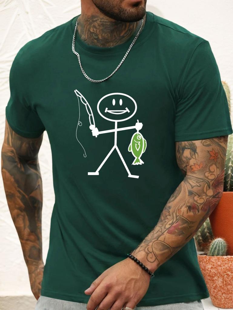Summer Men's Round Neck Short Sleeve T-Shirt Cartoon Sketches Print Fashion Street Versatile Quick Drying Daily Mens Clothing