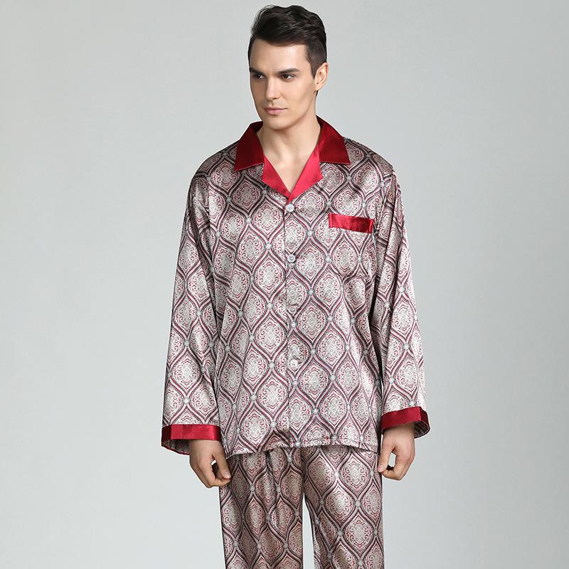Men's Silk Print Pajamas Set - Long Sleeve Ice Silk Sleepwear for Spring/Summer, Plus Size Available