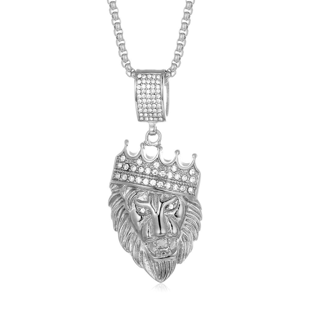 Hot-selling Hip Hop Jewelry Titanium Steel Gold-plated Diamond-studded Lion Head Pendant Necklace